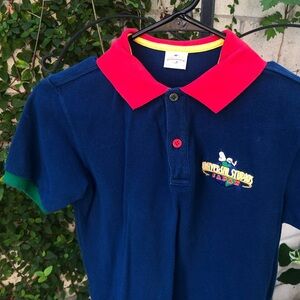 100% cotton Universal Studios Japan Navy Polo, Red Collar and Green/Yellow Trim